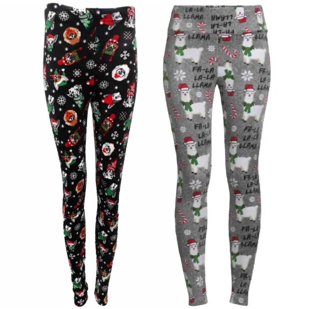 2 PAIRS * Holiday Dogs & Llamas * Super Soft Velour Festive Christmas Leggings